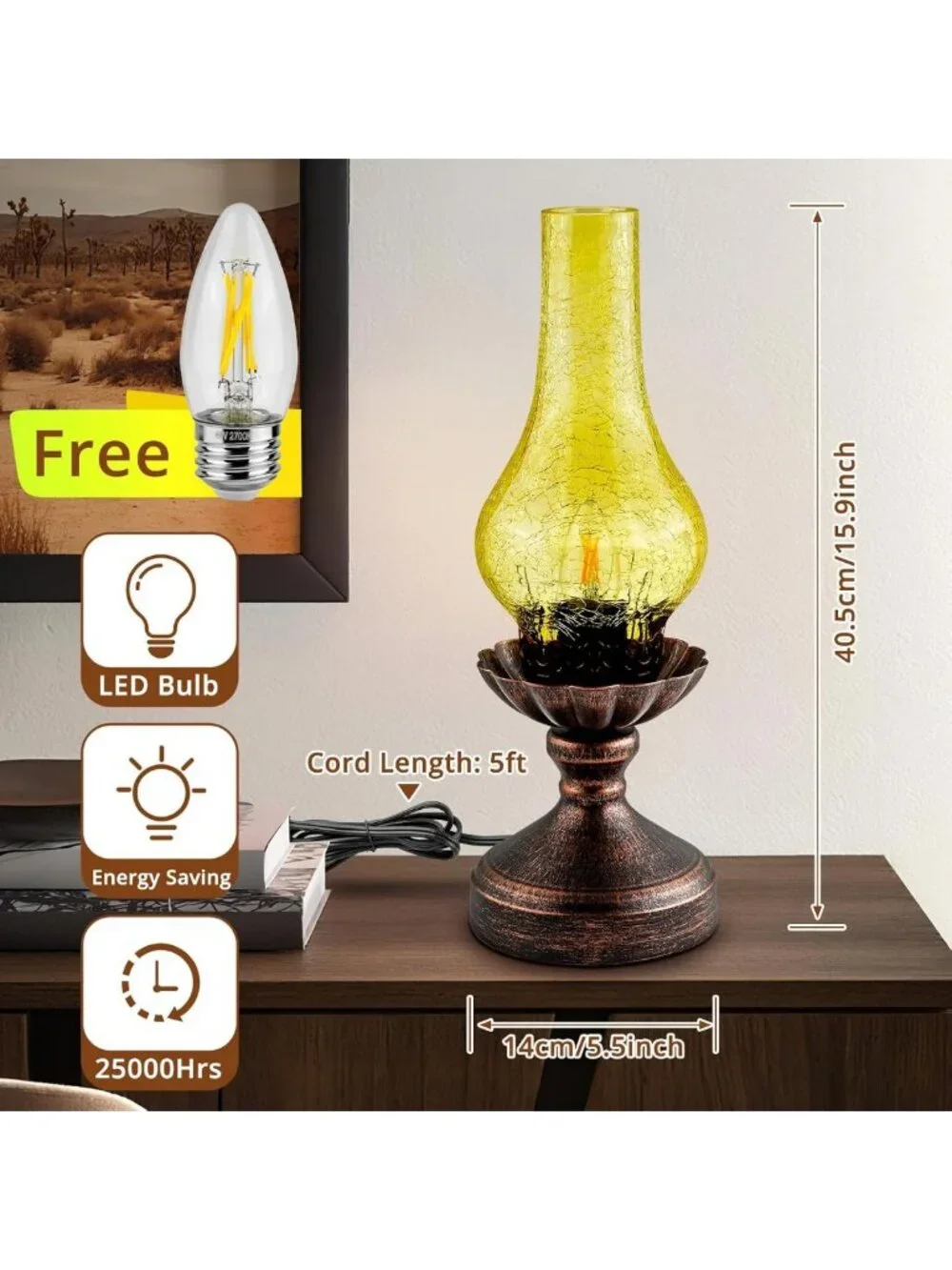 Rustic Vintage Touch Control Table Lamp | 3-Way Dimmable Amber Glass Shade for